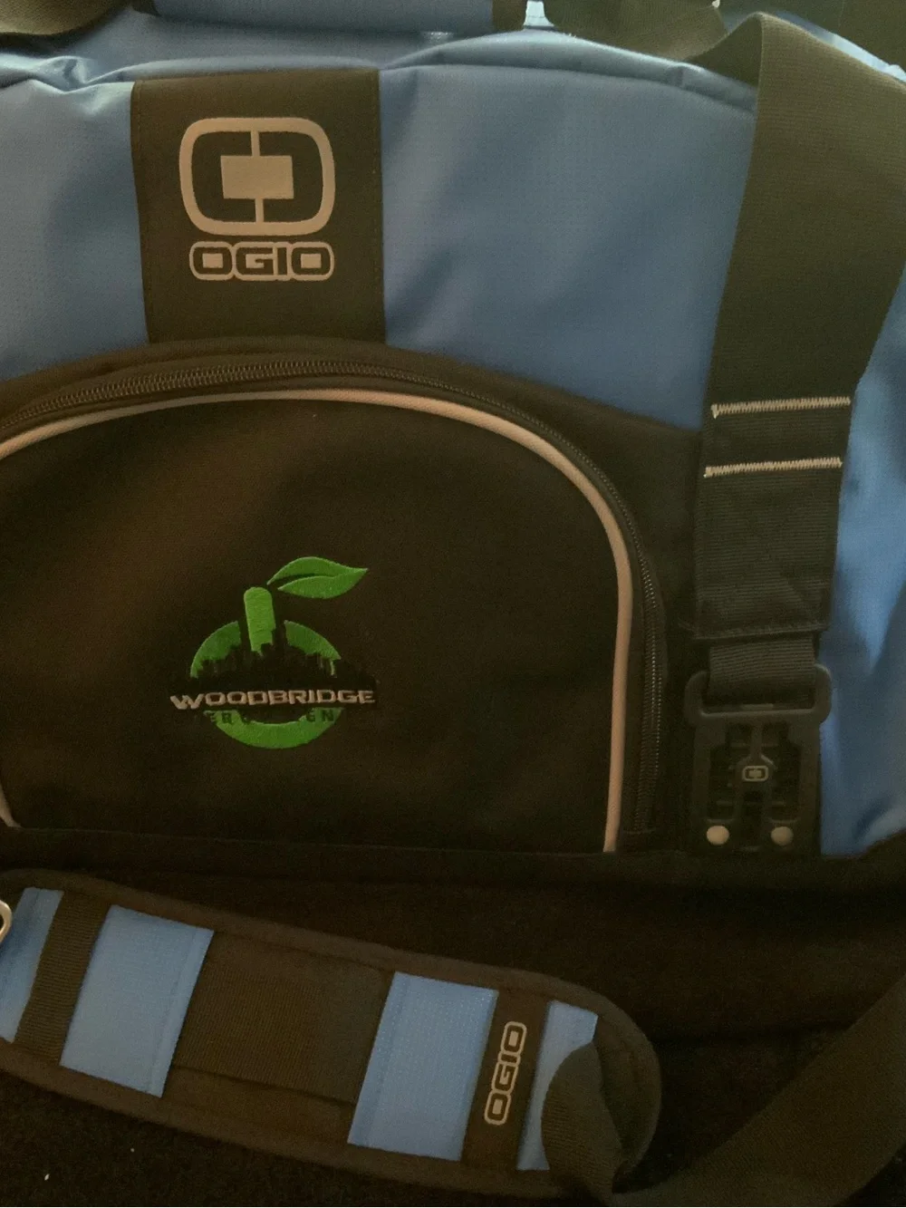 OGIO Blue and Black Duffel Bag with Woodbridge Logo